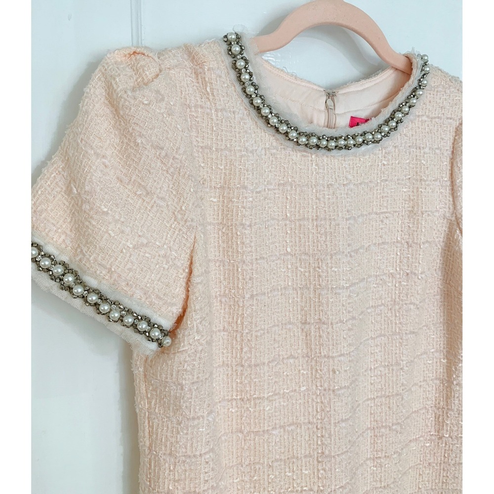 Vintage Betsey Johnson Pink Bouclé Tweed Shift 4 Pearl Rhinestone Mini Dress - Picture 14 of 16